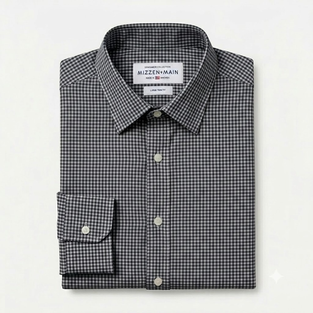 Mizzen+Main Mens L Trim Fit Dress Shirt Gray Check Stretch Performance Wedding